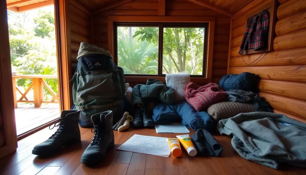 A cozy cabin interior on a sunny day, with a variety of outdoor gear and clothing neatly arranged on the wooden floor. In the foreground, a backpack, hiking boots, a rain jacket, and a warm sweater are visible, reflecting the diverse weather conditions of the Cocos (Keeling) Islands. In the middle ground, a map, sunscreen, and a water bottle suggest the need for sun protection and hydration. The background showcases a large window, flooding the scene with natural light and offering a glimpse of lush, tropical foliage outside. The overall atmosphere is one of careful preparation and anticipation for an adventurous, weather-savvy trip.
