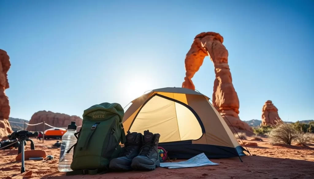A cozy campsite nestled among the towering red rock formations of Arches National Park. In the foreground, a well-packed backpack sits alongside hiking boots, a water bottle, and a map, hinting at the day's adventures. The middle ground features a sturdy tent, its fabric gently billowing in the light breeze, while behind it, the iconic Delicate Arch stands proud against a clear, azure sky. Sunlight filters through the scene, casting a warm, golden glow and inviting the viewer to embark on an unforgettable journey through this majestic landscape.