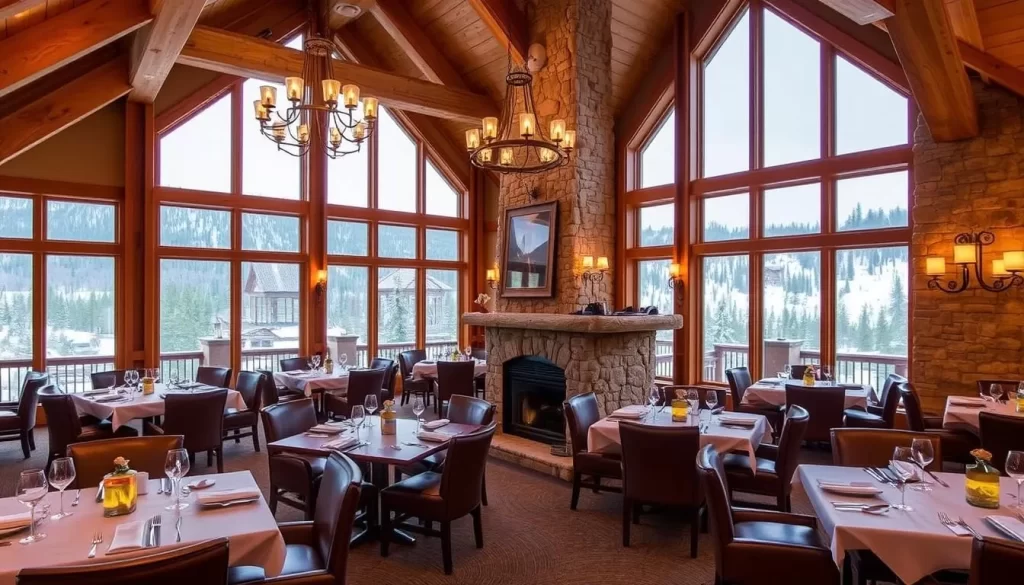 A cozy dining room at Cranmore Mountain Resort, New Hampshire. Rustic wooden beams and stone accents create a warm, inviting atmosphere. Large windows offer panoramic views of the picturesque slopes and evergreen forests outside. Soft lighting from chandeliers and sconces casts a golden glow, while plush leather armchairs and a fieldstone fireplace invite guests to settle in and savor the hearty, locally-sourced cuisine. The scene exudes a sense of mountain charm and culinary delight, perfectly capturing the essence of dining at this charming New England ski resort.