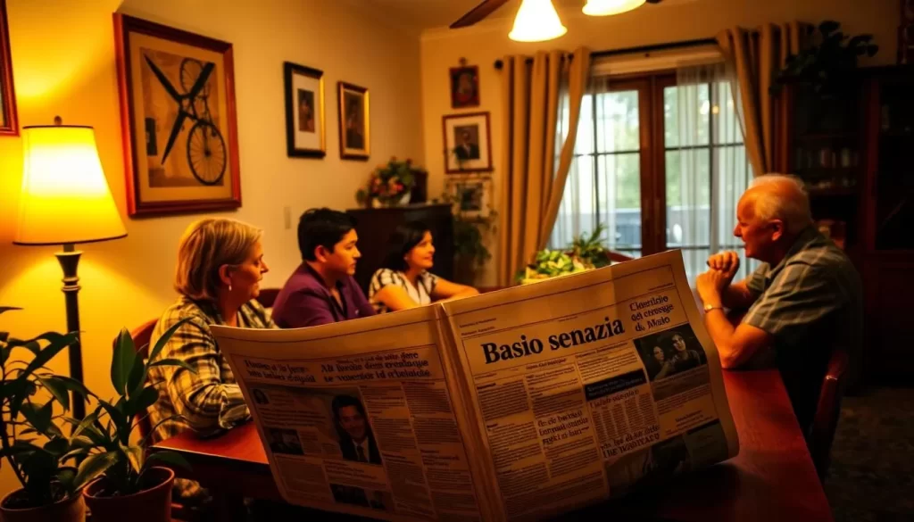 A cozy home interior, warm lighting illuminating a family gathered around the table, engaged in lively conversation. A vibrant Spanish-language newspaper lies open, hinting at the home's cultural heritage. Framed artwork and plants add pops of color, creating a welcoming, lived-in atmosphere. The scene is bathed in soft, golden tones, conveying a sense of comfort and tradition. The camera captures the scene from a slightly elevated angle, providing a glimpse into this intimate, multilingual household.
