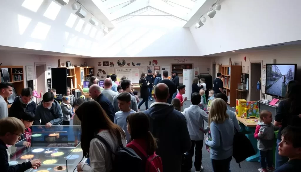 A cozy indoor scene filled with a variety of engaging attractions. In the foreground, a group of visitors explore an interactive science exhibit, their faces aglow with fascination. Overhead, a large skylight bathes the space in soft, natural light, casting gentle shadows. Toward the back, families gather around a virtual reality station, their movements mirrored on a large screen. Scattered throughout, informative displays and educational toys invite further discovery. The atmosphere is one of wonder and discovery, a perfect refuge from unpredictable weather conditions outside.