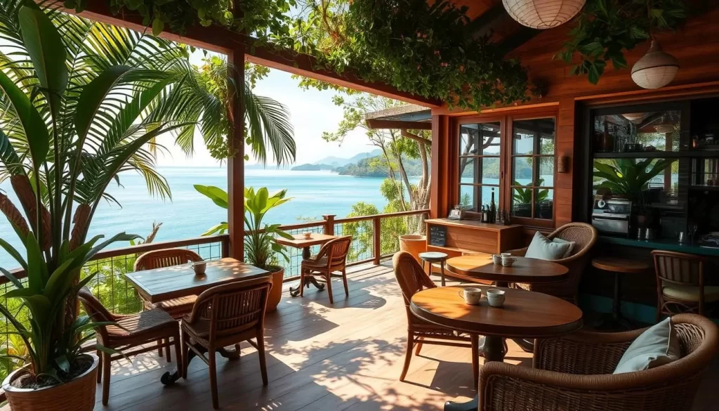 A cozy, inviting café nestled amidst the lush tropical foliage of Koh Tao, Thailand. The sun-dappled terrace offers panoramic views of the turquoise waters and distant islands. Wooden tables and comfortable wicker chairs invite guests to linger over freshly brewed coffee and local delicacies. The interior features warm, earthy tones, complemented by natural materials and vibrant plant life. Guests can savor the relaxed, laid-back atmosphere as they indulge in delectable Thai cuisine and refreshing beverages. A charming, welcoming oasis that captures the essence of Koh Tao's vibrant cafe culture.