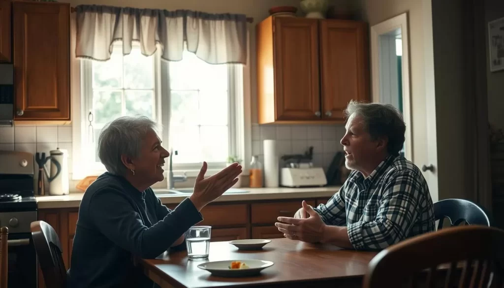 A cozy kitchen, sunlight streaming through the window, with a person sitting at the table engaged in animated conversation. Their facial expressions and gestures convey the distinctive lively and expressive mannerisms of a Rhode Island accent. The scene captures the warmth and camaraderie of a casual, everyday interaction, reflecting the informal and friendly nature of the local English dialect. The lighting is natural and soft, creating a welcoming atmosphere. The camera angle is slightly above eye level, giving a sense of being part of the scene.