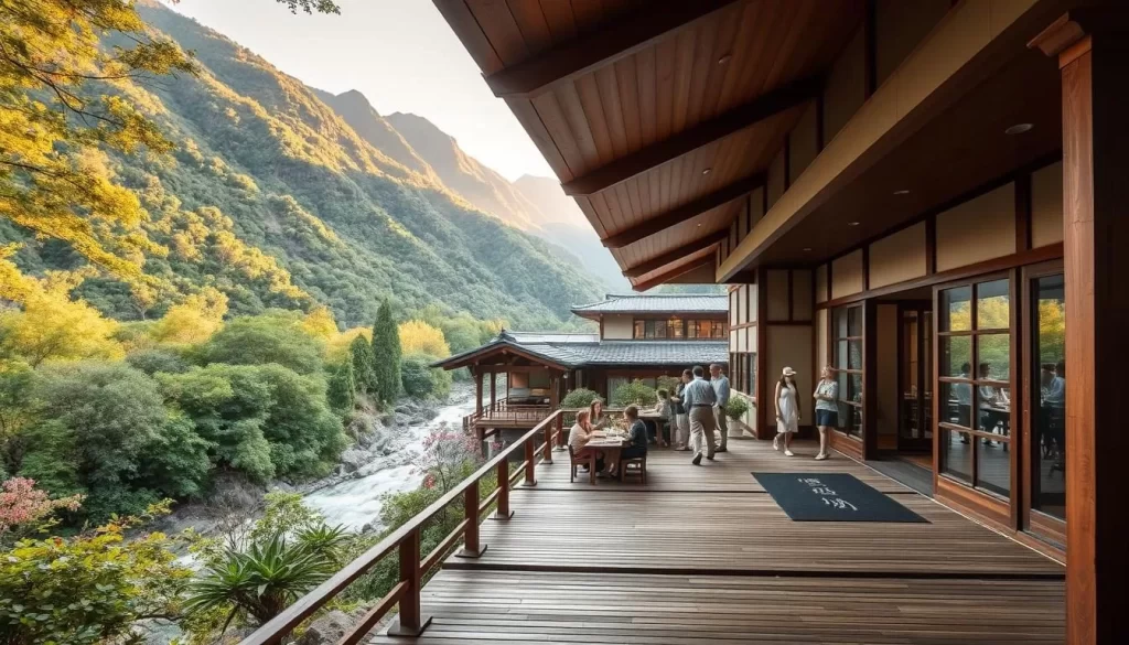 A cozy, modern ryokan nestled in the lush greenery of Mie Prefecture's countryside. The traditional architecture blends seamlessly with the surrounding natural beauty, framed by towering mountains and a gently flowing river. Guests gather on the ryokan's elegant wooden terrace, basking in the soft, warm glow of the afternoon sun. The scene exudes a sense of tranquility and relaxation, inviting visitors to immerse themselves in the rich cultural heritage and calming ambiance of this Japanese getaway.