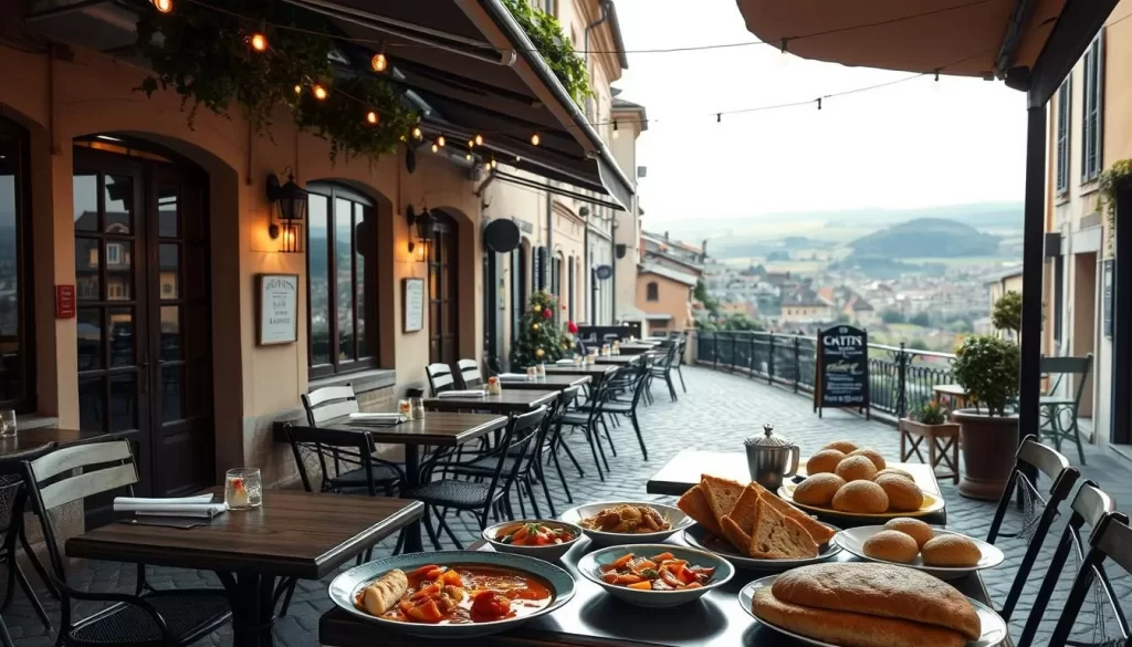 A cozy outdoor cafe in a charming European town, with neatly laid tables and chairs under the warm glow of string lights. The foreground features a variety of traditional local dishes - hearty stews, savory tarts, and freshly baked breads - artfully arranged on the tables. The middle ground showcases the historic architecture of the town, with cobblestone streets and quaint buildings in soft, muted tones. The background reveals a picturesque landscape, with rolling hills and lush greenery. The scene is illuminated by a soft, golden light, creating a welcoming and inviting atmosphere.