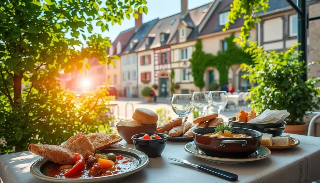 A cozy outdoor dining scene in the charming town of Mondorf-les-Bains, Luxembourg. Sunlight filters through lush greenery, casting a warm glow on a table laden with traditional Luxembourgish delicacies. Hearty stews, fresh-baked bread, and locally-sourced cheeses and charcuterie take center stage, inviting diners to savor the rich flavors of the region. In the background, the distinctive architecture of Mondorf-les-Bains creates a picturesque backdrop, hinting at the town's history and culture. The atmosphere is relaxed and convivial, capturing the essence of Luxembourgish cuisine and hospitality.