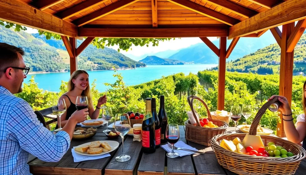 A cozy outdoor wine tasting on the shores of Lake Constance, Austria. Lush green vineyards cascade down the gentle slopes, framing the serene, azure-blue waters. Sunlight dapples the scene, casting a warm, golden glow over a charming wooden pavilion where local winemakers pour crisp white and fruity red wines. Rustic tables are adorned with wicker baskets overflowing with fresh bread, creamy cheeses, and ripe seasonal fruits. Elegant glassware gleams as guests savor the flavors, taking in the picturesque landscape. A sense of tranquility and indulgence permeates the atmosphere, inviting visitors to slow down and fully immerse themselves in the delights of Lake Constance's renowned wine and food culture.