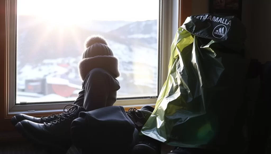 A cozy scene of essential gear for a Wasilla adventure - a warm wool beanie, a wind-resistant fleece jacket, sturdy hiking boots, a compact rain poncho, and a well-equipped backpack. The sun casts a soft glow, illuminating the rugged terrain visible through a window. The overall atmosphere conveys the variable, yet beautiful, weather of Wasilla, Alaska, ready to be explored by the prepared adventurer.