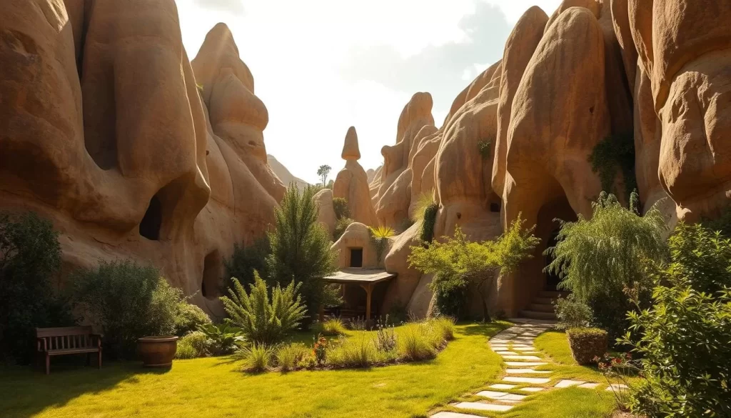A cozy, sun-dappled scene in the serene Cappadocian landscape. Towering, undulating rock formations in warm, earthy tones surround a cluster of charming, cave-carved dwellings nestled amidst lush foliage. The entrance to one of the cave homes stands open, inviting a glimpse of the simple, rustic interiors. In the foreground, a winding path leads through a verdant garden, hinting at the tranquil, unhurried pace of life in this timeless haven. Diffused, golden light filters through wispy clouds, casting a serene, magical glow over the entire scene.
