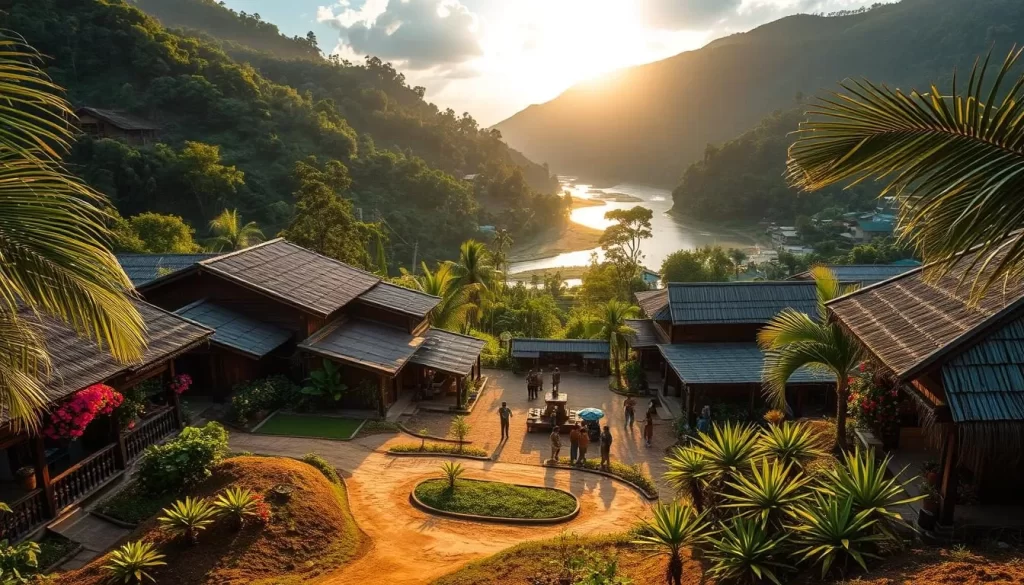 A cozy village nestled amid lush, verdant hills, with traditional wooden houses adorned with vibrant flowers and palm fronds. In the foreground, a winding dirt path leads to a small central square, where local residents gather under the gentle rays of the warm, golden sun. In the background, a gently flowing river reflects the surrounding scenery, creating a serene and picturesque scene. The atmosphere is one of tranquility and community, capturing the essence of a typical Malaysian kampung on the serene Sibu Island.