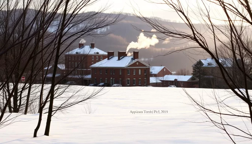 A cozy winter scene in Charlottesville, Virginia. A snow-covered landscape with rolling hills in the distance, framed by bare trees in the foreground. Soft, diffused natural light filters through the overcast sky, casting a warm, golden glow across the pristine white snow. In the middle ground, a historic brick building stands, its architecture a testament to the town's colonial roots. Steam rises from chimneys, hinting at the inviting warmth within. The mood is peaceful, serene, and quintessentially winter, perfectly capturing the essence of the season in this charming Virginia town.