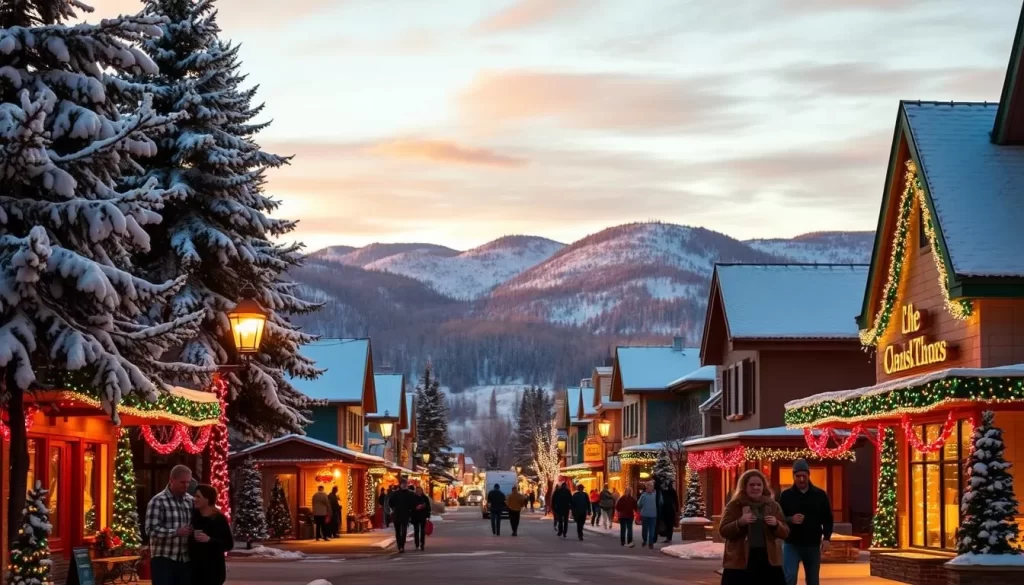 A cozy winter wonderland in Sun Valley, Idaho, where twinkling holiday lights adorn the charming town. Crisp, snowy landscapes create a serene backdrop, with towering pine trees and the distant mountains silhouetted against a warm, golden sky. In the foreground, a quaint main street is illuminated by a dazzling display of colorful lights, casting a magical glow on the festive shopfronts and restaurants. Couples and families stroll along the sidewalks, sipping hot cocoa and admiring the enchanting seasonal decor. The scene evokes a sense of warmth, joy, and the holiday spirit, perfectly capturing the best of Sun Valley during this magical time of year.