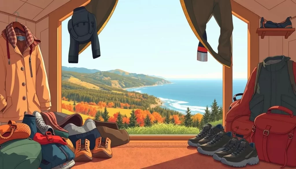 A cozy yet vibrant illustration showcasing a seasonal packing guide for Oregon. In the foreground, a neatly organized collection of clothing, accessories, and outdoor gear in earthy tones. The middle ground features a scenic view of the Oregon coast, with rolling hills, lush forests, and a glimpse of the Pacific Ocean. Vibrant autumn foliage and a clear blue sky create a warm, inviting atmosphere. Soft, directional lighting casts gentle shadows, highlighting the textures and details of the items. The composition is balanced, with a sense of order and practicality, reflecting the practical nature of the packing guide. An overall aesthetic that captures the essence of Oregon's diverse landscapes and the need for versatile, weather-appropriate attire.