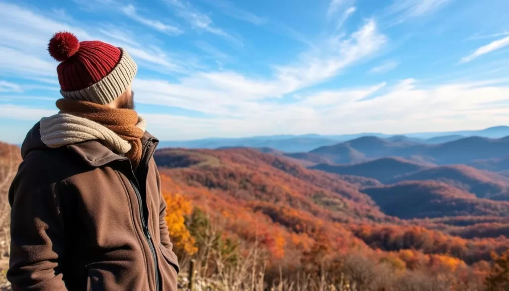 A crisp autumn day in West Virginia's rolling hills, with wispy clouds drifting across a bright blue sky. In the foreground, layers of warm clothing - a woolen hat, a fleece jacket, and sturdy hiking boots - stand ready for the changeable mountain weather. The middle ground reveals a picturesque landscape, with vibrant fall foliage and winding trails inviting exploration. In the distance, the silhouettes of peaks and valleys unfold, hinting at the diverse terrain that awaits the weather-savvy traveler. The scene is illuminated by soft, diffused natural light, capturing the essence of a perfectly timed adventure in this scenic corner of the United States.