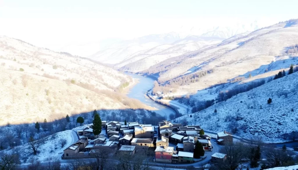 A crisp, clear winter day in the heart of Punjab, India. The lush, rolling hills are blanketed in a soft layer of snow, the sunlight casting a warm glow across the landscape. In the foreground, a quaint village nestled among the foothills, its traditional mud-brick houses and narrow winding streets offering a glimpse into the region's rich cultural heritage. In the middle ground, a majestic river winds its way through the valley, its waters sparkling under the bright winter sky. In the distance, the towering peaks of the Himalayas rise majestically, their snow-capped summits standing in stark contrast to the verdant foothills below. The overall scene exudes a sense of tranquility and serenity, making it the perfect destination for a weather-savvy trip during the winter months in Punjab.