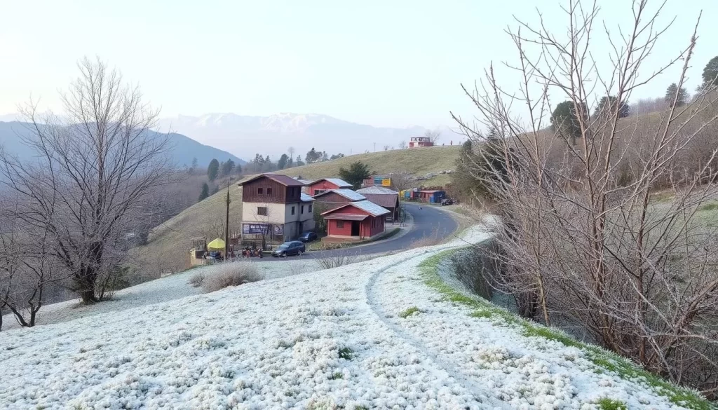 A crisp, serene winter scene in West Bengal, India. In the foreground, a dusting of snow gently blankets the lush, rolling hills. Frost-covered trees and shrubs stand silently, their bare branches reaching towards a pale blue sky. In the middle ground, a winding country road meanders through the idyllic landscape, flanked by traditional Bengali architecture - colorful houses and small shops. In the distance, the majestic Himalayas rise, their snow-capped peaks glimmering in the soft, diffused light. The overall atmosphere is one of peaceful tranquility, capturing the essence of a West Bengal winter day.