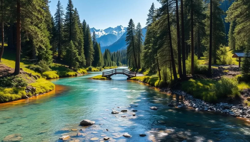 A crystal-clear river winding through a lush, verdant valley. The Munzur River flows peacefully, its turquoise waters reflecting the surrounding mountains and forests. Tall pine trees line the riverbanks, casting gentle shadows over the tranquil scene. Sunlight filters through the branches, illuminating the river's surface and creating a serene, almost ethereal atmosphere. In the foreground, smooth rocks and pebbles line the riverbed, inviting visitors to dip their toes in the cool, refreshing water. The middle ground features a small wooden footbridge, allowing easy access to the opposite bank. In the distance, majestic snow-capped peaks rise up, creating a stunning natural backdrop for this picturesque landscape.