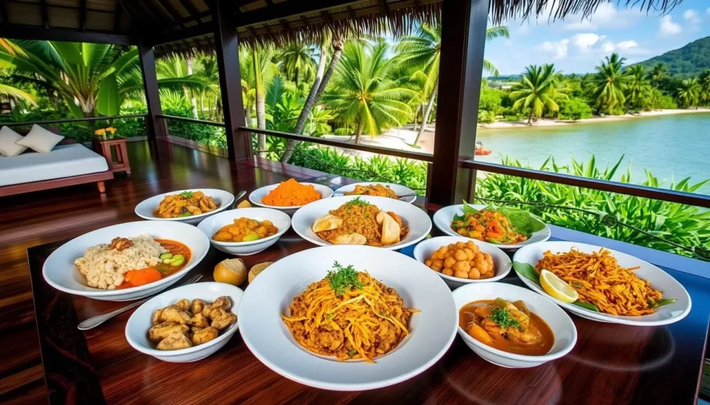 A delicious spread of Malaysian cuisine at a resort on Rawa Island.