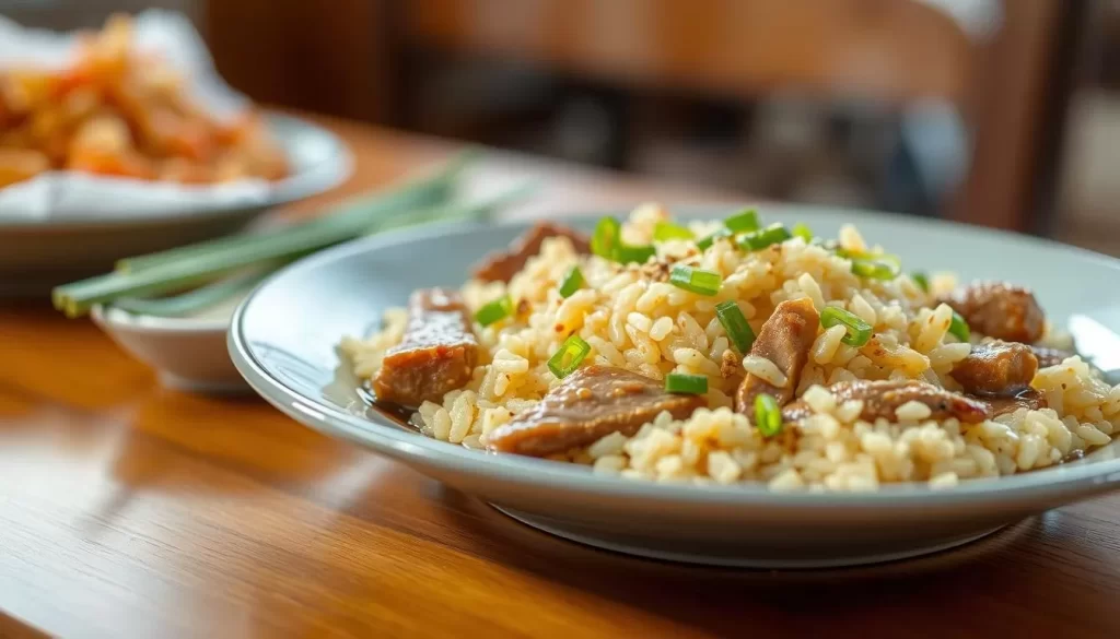 A delightful plate of freshly fried glutinous rice nestled on a wooden table, its golden hue glimmering under the warm, natural lighting. Plump grains interspersed with tender morsels of savory pork, garnished with vibrant green scallions and a drizzle of soy sauce. The aroma of toasted sesame oil and fragrant spices wafts through the air, creating a mouthwatering scene that evokes the cozy, homespun delicacies of Changhua's hidden food gems. A shallow depth of field focuses the viewer's attention on the dish's alluring textures and flavors, conveying the rustic charm and authentic taste of this Taiwanese culinary delight.