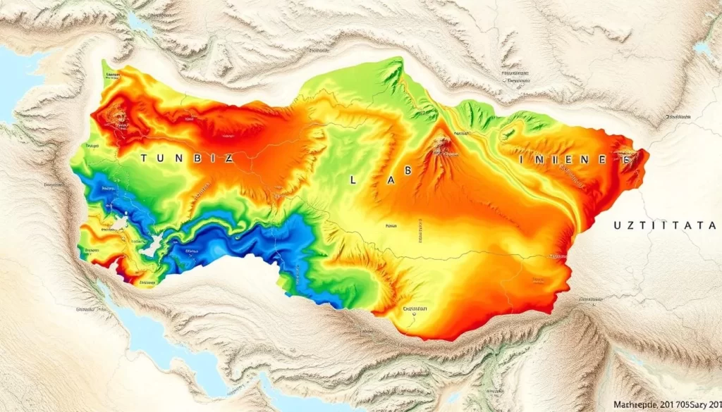 A detailed Uzbekistan climate map in vibrant colors, showcasing the diverse weather patterns across the country. Capture the vast landscapes, from the arid deserts in the south to the lush, mountainous regions in the north. Depict the transition between the continental, semi-arid climate in the central plains and the more temperate, alpine conditions in the Tian Shan mountain range. Render the map with a clean, informative style, using a high-resolution satellite imagery as the base. Ensure the map is easy to read, with clear delineations of temperature, precipitation, and climate zones. Convey a sense of depth and realism, as if the viewer could step into the map and experience the country's diverse weather firsthand.