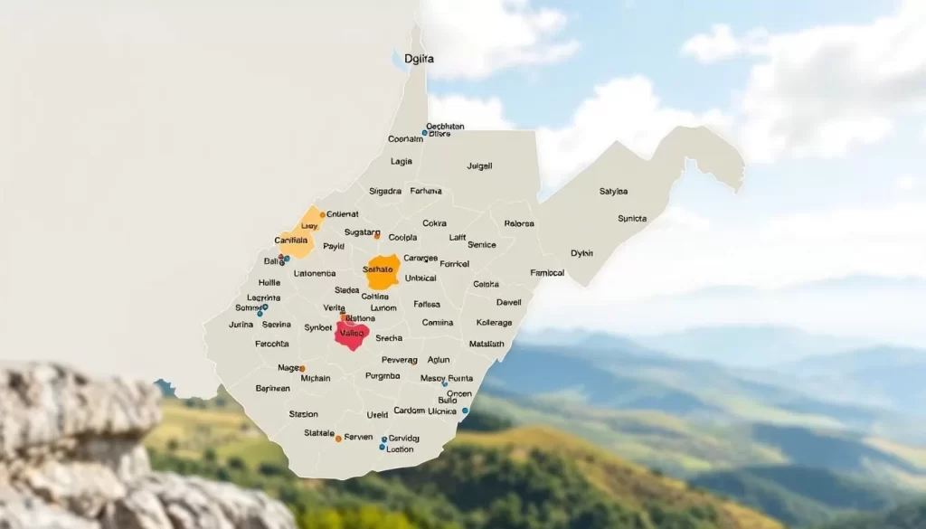 A detailed geographic map of West Virginia, showcasing the distribution and concentration of its official and widely spoken languages. The map should be rendered in a realistic, high-definition style, with a balance of muted tones and vibrant accents to highlight the linguistic diversity. Depict the state's counties in a clear, legible manner, using subtle gradients to indicate the prevalence of different languages. The foreground should display the map, while the background should feature a serene, natural landscape - perhaps rolling hills or a scenic vista - to convey the essence of West Virginia. Utilize realistic lighting and perspective to create a visually striking and informative illustration.