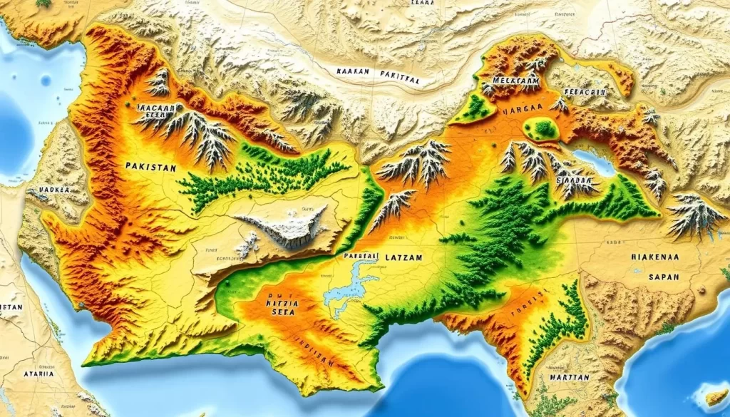 A detailed, intricate map showcasing Pakistan's diverse climate zones. A vibrant, high-resolution landscape depicting the country's varied terrains and ecosystems, from the snow-capped Karakoram mountains in the north to the sun-drenched deserts in the south. Capture the gradual transition between the distinct climate regions, with lush, verdant foliage in the eastern plains, arid scrublands in the central heartland, and rugged, windswept coastlines along the Arabian Sea. Render the map with a clean, modern aesthetic, using a harmonious color palette that highlights the natural beauty of each climate zone. Utilize a wide-angle, birds-eye-view perspective to showcase the full scope of Pakistan's diverse landscapes under a vibrant, evenly-lit sky.