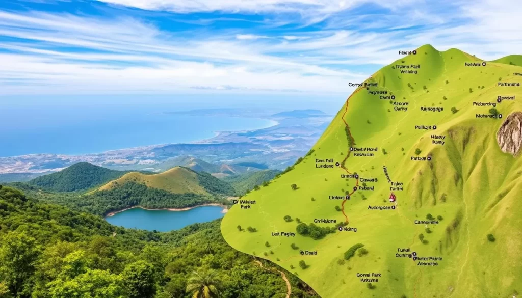 A detailed map of Gombe National Park, Tanzania, showcasing the park's diverse terrain and key landmarks. In the foreground, a lush green forest canopy with winding trails, leading to a tranquil lake surrounded by rolling hills. In the middle ground, a panoramic view of the park's rugged coastline along the shores of Lake Tanganyika. In the background, a hazy blue sky with wispy clouds, creating a serene and inviting atmosphere. Capture the natural beauty and exploration opportunities of this renowned chimpanzee research site through a crisp, high-resolution landscape image. Employ a wide-angle lens to convey the expansive scale of the protected area.