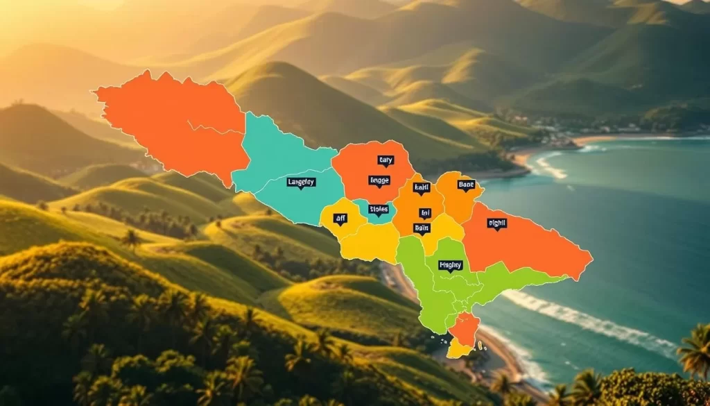 A detailed map of the Puducherry Union Territory, India, displaying the regional language distribution across its districts. The map is rendered in a vibrant, realistic style, illuminated by warm, natural lighting. In the foreground, the distinct administrative boundaries of the districts are clearly delineated, each shaded in a unique color to represent the predominant language spoken in that area. The middle ground features labeled icons or symbols denoting the major languages, artfully placed to complement the district divisions. The background showcases the lush, verdant landscape of Puducherry, with rolling hills, palm trees, and the shimmering coastline, creating a serene and authentic atmosphere.