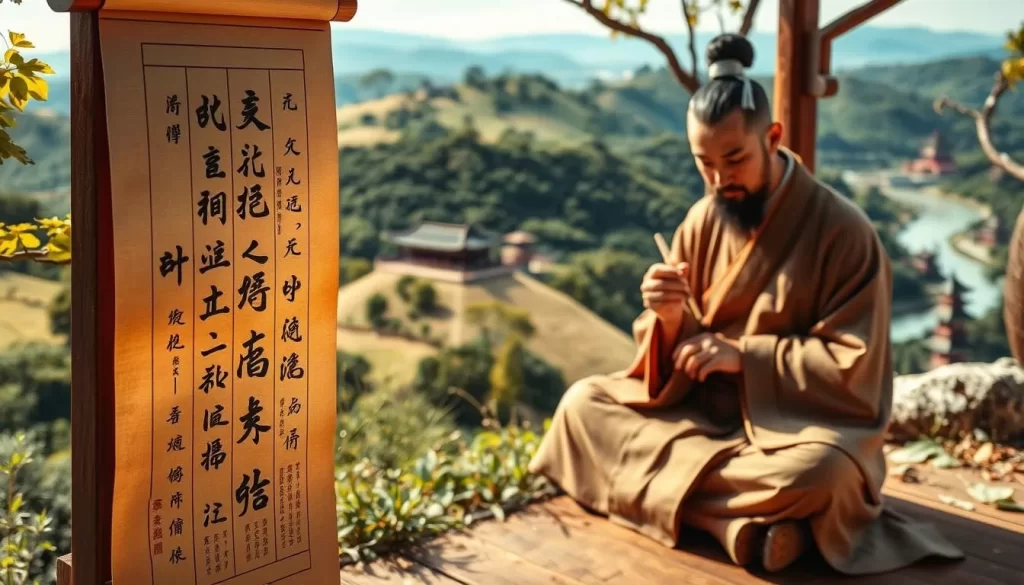 A detailed scene of the Mandarin Chinese language in a natural setting. In the foreground, a intricate calligraphic scroll hangs from a wooden stand, its elegant characters gracefully unfolding. In the middle ground, a scholar dressed in traditional robes sits cross-legged, carefully dipping a calligraphy brush into an inkwell, his expression one of focused contemplation. The background reveals a lush, verdant landscape, with rolling hills, a winding river, and distant pagodas silhouetted against a clear, azure sky. The scene is bathed in warm, golden light, conveying a sense of timeless tranquility and the enduring cultural heritage of Mandarin Chinese.