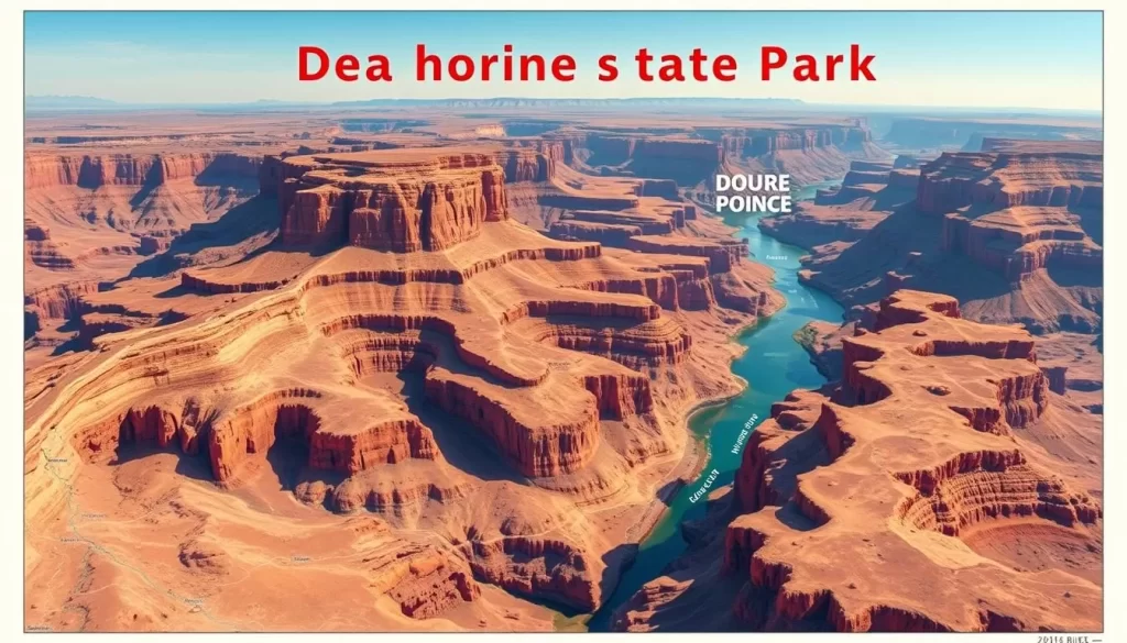 A detailed topographic map of Dead Horse Point State Park, Utah, showcasing the expansive and dramatic landscape. Capture the park's iconic overlook, with the Colorado River snaking through the rugged canyons below. Depict the varied terrain, from the flat mesa tops to the steep cliffs, all bathed in warm, natural lighting that accentuates the earthy tones of the rock formations. Render the map with a realistic, cartographic style, emphasizing the park's key landmarks, hiking trails, and points of interest. Convey a sense of exploration and discovery, inviting the viewer to plan their visit to this remarkable natural wonder.