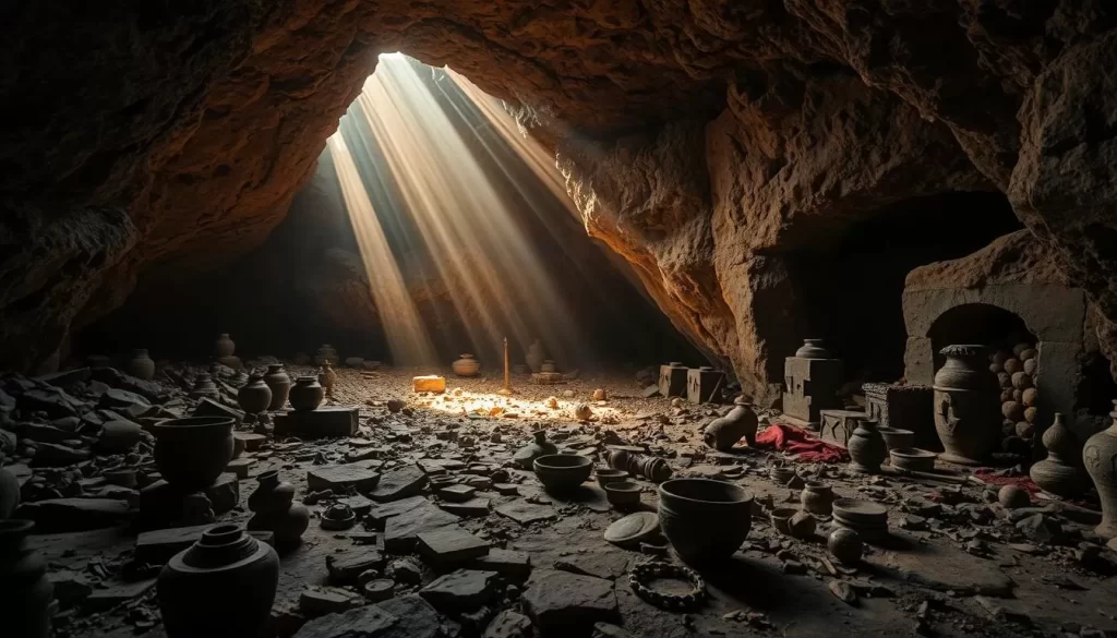 A dimly lit, cavernous chamber filled with ancient artifacts and treasures. Artifacts from past civilizations - weathered pottery, intricate stone carvings, and glinting metalwork - scattered across the uneven rocky floor. Beams of sunlight stream in through cracks in the cave ceiling, casting a warm, golden glow over the scene. Shadows dance across the walls, evoking a sense of mystery and history. The overall atmosphere is one of reverence and wonder, as if the viewer has stumbled upon a forgotten archaeological site. The camera angle is slightly low, emphasizing the grandeur and scale of the cave's interior.
