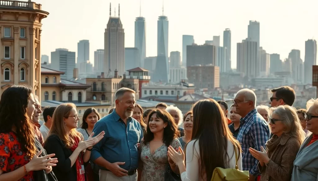 A diverse array of people, each representing a different language and culture, gather in a vibrant urban setting. In the foreground, individuals converse animatedly, their hands gesturing with expressive movements. The middle ground showcases a mix of architectural styles, reflecting the rich heritage of the city. In the background, a towering skyline of modern skyscrapers stands as a testament to the city's evolution and growth. Warm, golden light filters through, creating a sense of harmony and unity amidst the diversity. The scene conveys the dynamic interplay of languages, traditions, and identities that have shaped the fabric of this vibrant, multicultural community.