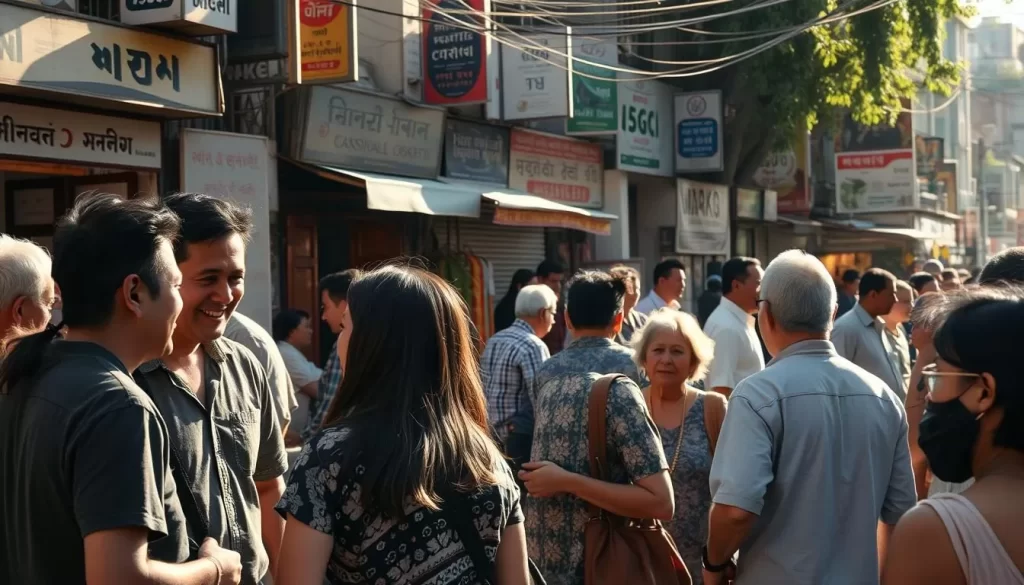 A diverse community gathers on a sun-dappled street, engaged in lively conversations in various languages. In the foreground, a group of friends converse in animated gestures, their faces alight with the exchange. In the middle ground, a family shops at a vibrant outdoor market, bartering in a tongue foreign yet familiar. In the background, a mosaic of cultural influences - storefronts and signs in multiple scripts, people from all walks of life intermingling seamlessly. Warm, golden light filters through the scene, evoking a sense of harmony and exchange. A snapshot of the rich tapestry of languages that have shaped this community over time.