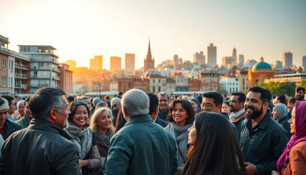 A diverse crowd of immigrants from various cultural backgrounds gathers in a bustling urban setting. In the foreground, a group of people from different nationalities converse animatedly, their expressions capturing the vibrancy of their shared experiences. The middle ground showcases a vibrant mix of architectural styles, reflecting the melting pot of traditions that have shaped the city. In the background, a warm, golden light filters through the skyline, casting a welcoming glow over the scene. The overall atmosphere conveys a sense of unity, progress, and the rich tapestry of cultures that have contributed to the evolution of the community.