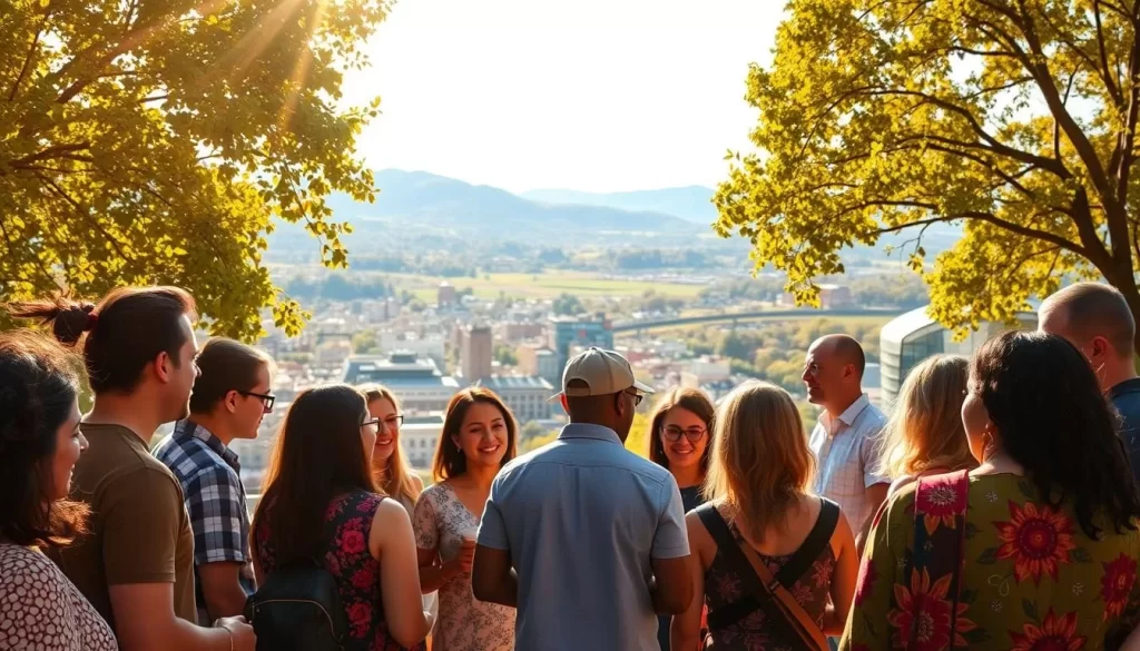 A diverse ensemble of people from various cultural backgrounds, engaged in friendly conversation, set against the backdrop of a vibrant Tennessee landscape. Warm sunlight filters through the trees, casting a golden glow on the scene. In the foreground, a group of individuals representing different ethnicities and ages gather, their body language and expressions conveying a sense of harmony and mutual understanding. In the middle ground, a bustling urban setting with a mix of architectural styles hints at the state's cosmopolitan nature. In the distance, rolling hills and a clear blue sky complete the picturesque setting, symbolizing the rich tapestry of languages and traditions that make up the cultural identity of Tennessee.