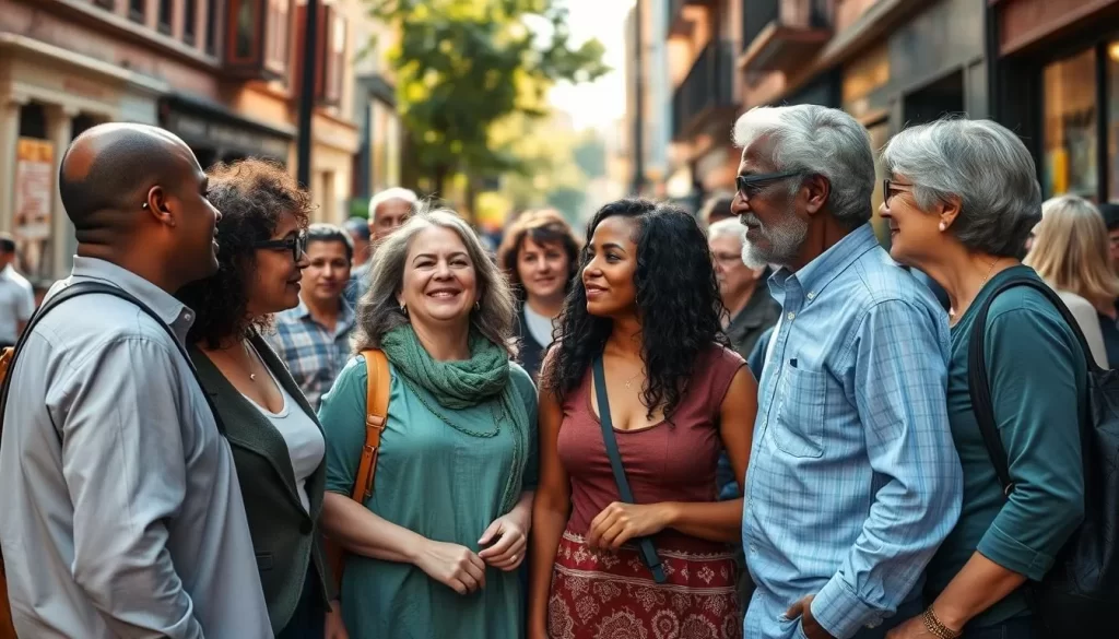 A diverse group of people from various backgrounds, each with a unique story, stands in a sun-dappled city street. They converse in multiple languages, highlighting the linguistic diversity of the community. The scene conveys a sense of inclusion and empowerment, where individuals with limited English proficiency feel welcomed and supported. Warm, natural lighting illuminates the scene, creating a sense of positivity and hope. The composition balances the foreground figures with a detailed, vibrant urban backdrop, showcasing the richness of the city's cultural tapestry.