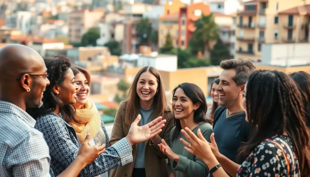 A diverse group of people from various cultural backgrounds, engaged in lively conversation and exchanging ideas. In the foreground, a close-knit circle of individuals gesturing animatedly, their faces alight with enthusiasm. In the middle ground, a mix of ethnicities and ages, each person contributing their unique perspective. The background features a warm, inviting city landscape, with colorful buildings and a vibrant atmosphere. Soft, natural lighting filters through, casting a harmonious glow over the scene. The overall mood is one of openness, collaboration, and the richness that linguistic diversity brings to a community.