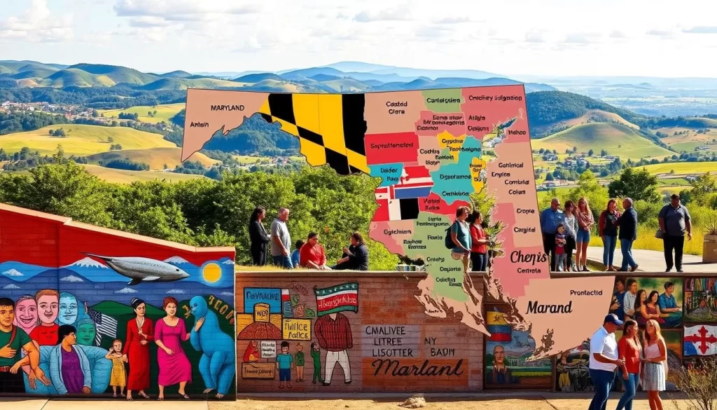 A diverse landscape of Maryland, showcasing the regional language distribution across the state. In the foreground, vibrant murals depict various cultural and linguistic elements, reflecting the rich tapestry of the region. The middle ground features people of diverse backgrounds engaged in lively conversations, representing the interactive nature of the state's linguistic diversity. In the background, rolling hills and picturesque scenery provide a serene backdrop, complementing the dynamic foreground. The scene is bathed in warm, natural lighting, capturing the welcoming and inclusive atmosphere of Maryland's linguistic diversity.