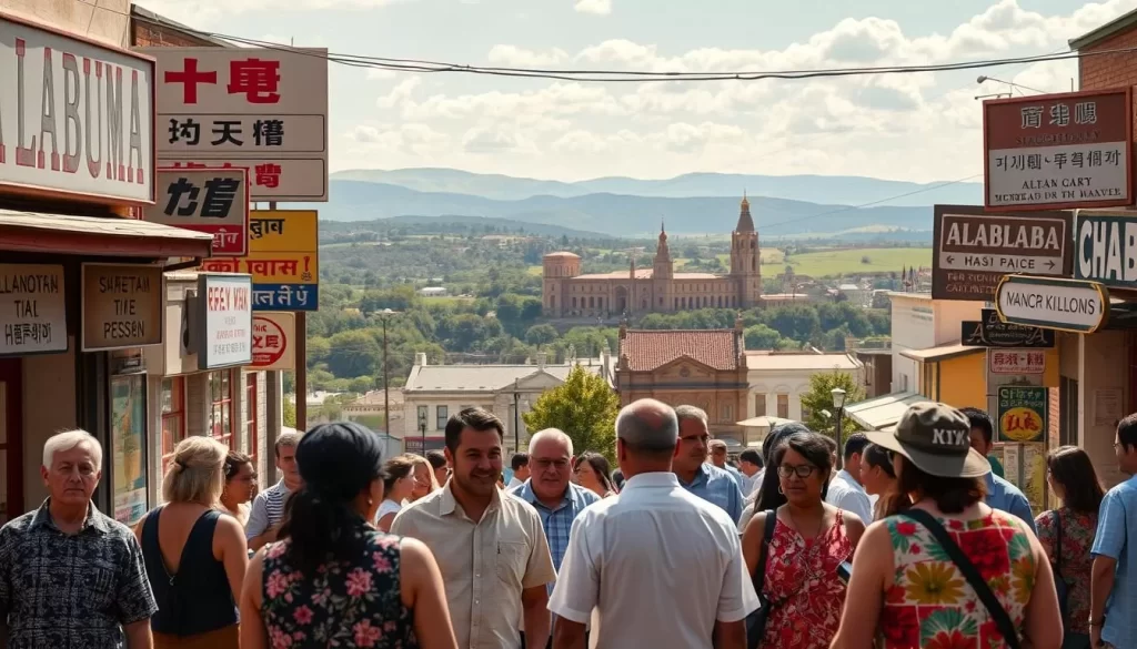 A diverse landscape of languages in Alabama, showcasing the vibrant linguistic tapestry of the state. In the foreground, a group of people engaged in lively conversation, representing the everyday interactions that reflect the state's multicultural heritage. The middle ground features signage and storefronts in various scripts, highlighting the integration of different languages within the local community. In the background, a scenic view of rolling hills and the iconic architecture of Alabama, creating a sense of place and tradition. The scene is bathed in warm, natural lighting, conveying a welcoming and inclusive atmosphere. Captured with a wide-angle lens to encompass the breadth of the linguistic diversity.