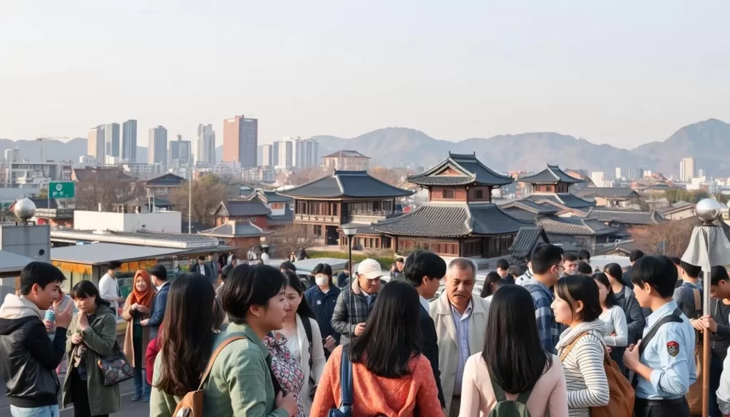 A diverse linguistic landscape unfolds across South Korea, where various dialects and languages blend in a harmonious tapestry. In the foreground, a vibrant street scene showcases locals engaged in lively conversations, their gestures and expressions reflecting the richness of their mother tongues. In the middle ground, modern high-rises and traditional hanok houses stand as testaments to the country's dynamic cultural heritage. The background features rolling hills and a clear sky, creating a serene and picturesque setting that embodies the essence of South Korea's linguistic diversity. Soft, warm lighting illuminates the scene, capturing the welcoming and inclusive atmosphere of this multilingual nation.