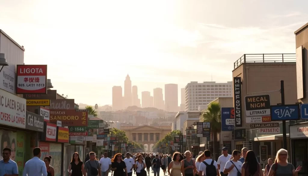 A diverse linguistic landscape unfolds against the backdrop of a sun-drenched Californian cityscape. In the foreground, vibrant murals and signage display a tapestry of languages, from Spanish and Mandarin to Tagalog and Arabic. Pedestrians of varying ethnicities navigate the bustling streets, engaged in animated conversations. In the middle ground, historic buildings and modern skyscrapers stand as testaments to California's multicultural heritage. Overhead, a warm, golden light filters through wispy clouds, casting a serene glow over the scene. The overall atmosphere conveys a sense of harmony and celebration of linguistic diversity.