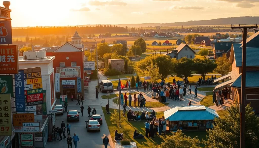 A diverse tapestry of cultures and languages unfolds across the vibrant landscape of Michigan. In the foreground, a bustling city street showcases multilingual signage, reflecting the myriad of immigrant communities. In the middle ground, a lively park setting where people of different backgrounds converse in their native tongues, exchanging ideas and traditions. The background paints a serene rural scene, dotted with small towns where indigenous languages thrive, preserving the rich linguistic heritage of the region. Warm sunlight filters through, casting a golden glow and highlighting the harmonious coexistence of this linguistic mosaic. Capture the essence of Michigan's linguistic diversity in a cinematic, photorealistic style.