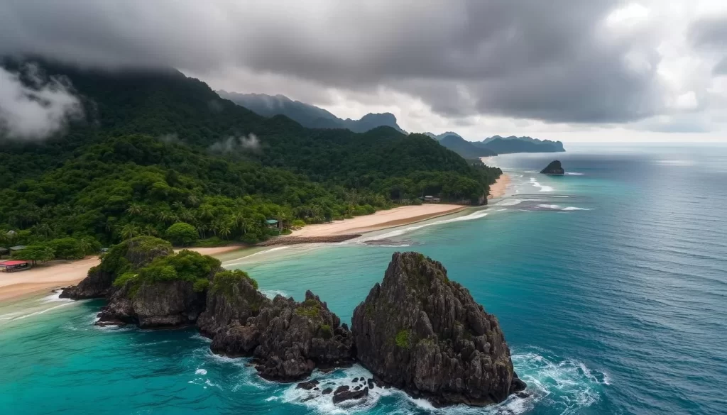 A dramatic aerial view of Redang Island during the monsoon season. The lush, verdant jungle-covered hills are shrouded in a moody mist, with occasional bursts of sunlight filtering through the clouds. The turquoise waters of the South China Sea lap against the white sandy beaches, dotted with swaying palm trees. In the foreground, rugged rock formations jut out from the shoreline, creating a natural barrier against the choppy waves. The overall scene conveys a sense of tranquility and mystery, with the island's tropical charm tempered by the power of the seasonal storms.