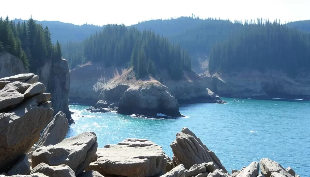 A dramatic coastal landscape with towering cliffs and rugged, wind-sculpted rocks. The foreground features a collection of weathered boulders and jagged outcroppings, their surfaces worn smooth by the relentless pounding of the waves. The middle ground showcases a steep, rocky promontory jutting out into the sparkling, azure waters of the Atlantic Ocean. In the background, lush evergreen forests cling to the steep hillsides, casting long shadows across the scene. The lighting is soft and diffused, creating an ethereal, almost magical atmosphere. Capture this breathtaking viewpoint along the bold, picturesque coastline of Maine's Quoddy Head State Park.
