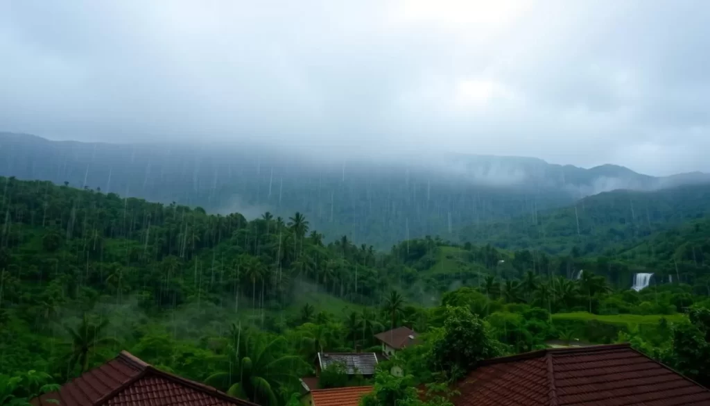 A dramatic downpour illuminates the lush, verdant landscape of Telangana during the monsoon season. Heavy droplets cascade from the overcast skies, casting a serene, diffused light across the scene. In the foreground, a quaint village nestled amidst verdant foliage is shrouded in a gentle mist, with tiled rooftops peeking through the rain. The middle ground features rolling hills and dense forests, their vibrant greens contrasting with the stormy grays above. Waterfalls tumble down the distant mountains, their misty plumes adding to the atmospheric, immersive feel. The overall composition evokes the tranquil, rejuvenating essence of the monsoon in Telangana.