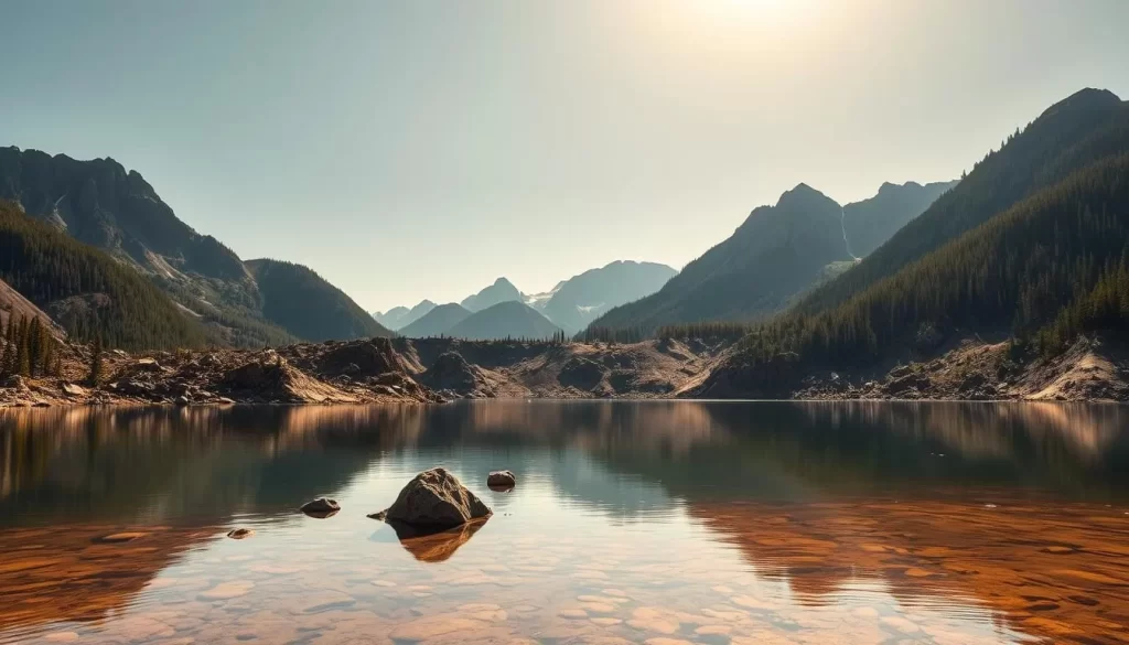 A dramatic landscape of Earthquake Lake, Montana, formed by a massive landslide triggered by a powerful earthquake. In the foreground, the serene, mirror-like surface of the lake reflects the surrounding mountains, their jagged peaks reaching towards a bright, cloudless sky. The middle ground features the remnants of the landslide, with massive boulders and debris scattered across the shore, a testament to the sheer force of the event. In the background, towering peaks rise up, their slopes covered in lush, verdant forests, creating a sense of timeless majesty. The lighting is warm and golden, casting a tranquil, almost ethereal glow over the entire scene, capturing the dramatic history and natural beauty of this extraordinary place.