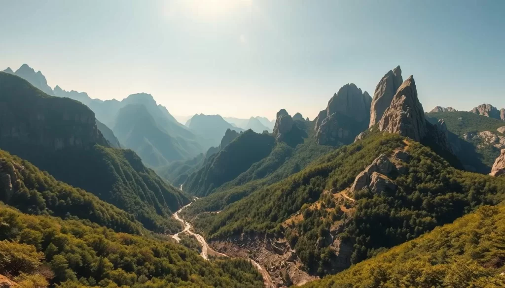 A dramatic landscape of towering Gangwon Province mountains, their jagged peaks reaching skyward against a bright, clear day. Lush, verdant forests cling to the slopes, interspersed with rugged rock formations and meandering streams. Warm, golden sunlight dapples the scene, casting dramatic shadows and highlighting the textural details of the terrain. Wide-angle lens captures the grand, sweeping vistas, inviting the viewer to imagine thrilling outdoor adventures amid this breathtaking natural wonder. The mood is one of awe-inspiring, pristine beauty, perfectly suited for the "Thrilling Outdoor Activities for Adventure Seekers" section of the article.