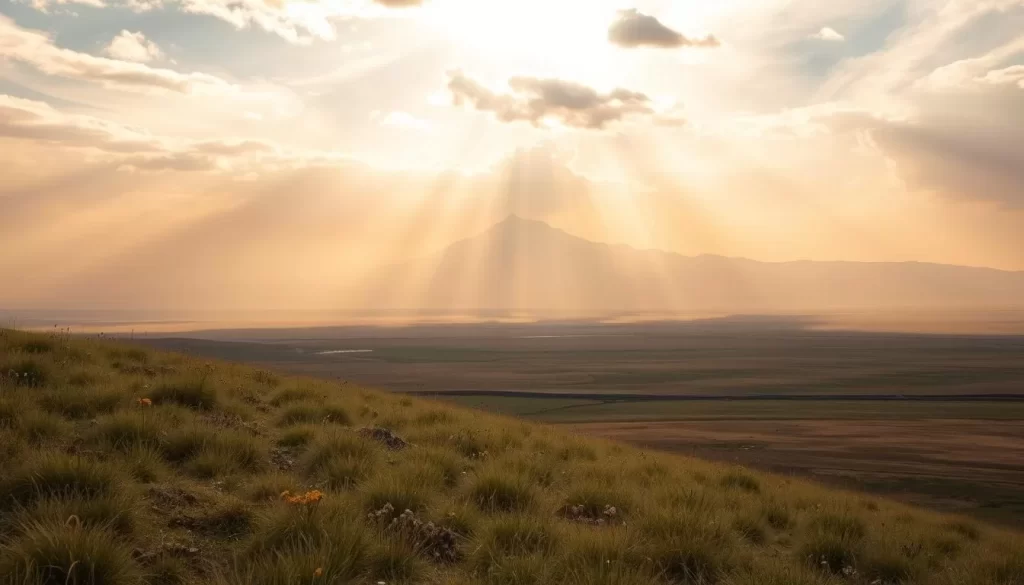 A dramatic landscape under a vast Mongolian sky, capturing the region's diverse weather conditions. In the foreground, a rolling grassy steppe dotted with hardy wildflowers sways gently in a cool breeze. The middle ground features a majestic mountain range, its snow-capped peaks piercing the hazy, golden-hued atmosphere. Shafts of warm, diffused sunlight filter through wispy clouds, casting a soft, ethereal glow over the scene. The background showcases a sweeping vista of endless, undulating plains, hinting at Mongolia's extreme continental climate. This serene, awe-inspiring panorama evokes the packing essentials needed to explore this remarkable country.