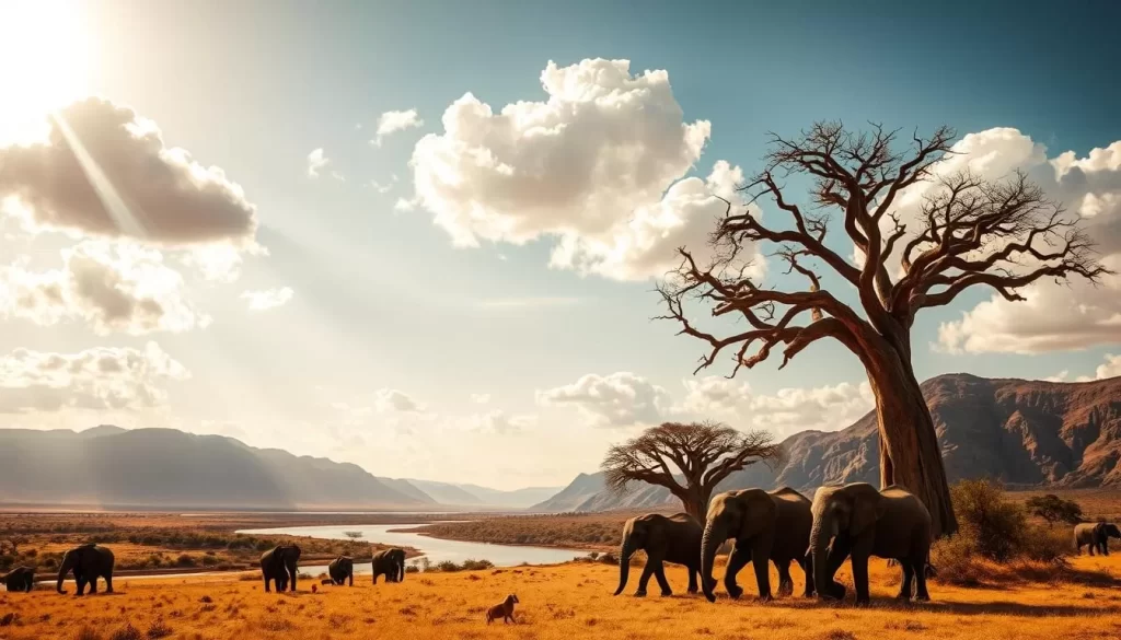A dramatic landscape unfolds in Ruaha National Park, Tanzania's largest wildlife haven. In the foreground, a herd of elephants majestically roams across the sun-dappled savanna, their trunks swaying in the gentle breeze. The middle ground reveals a meandering river, its waters reflecting the azure sky dotted with fluffy white clouds. Towering baobab trees stand sentinel, their twisted branches silhouetted against the horizon. In the distance, rugged mountains rise, their peaks casting long shadows over the vast, untamed wilderness. Warm, golden light bathes the scene, imbuing it with a sense of tranquility and timelessness. This is Ruaha, a place where nature's grandeur and resilience are on full display.