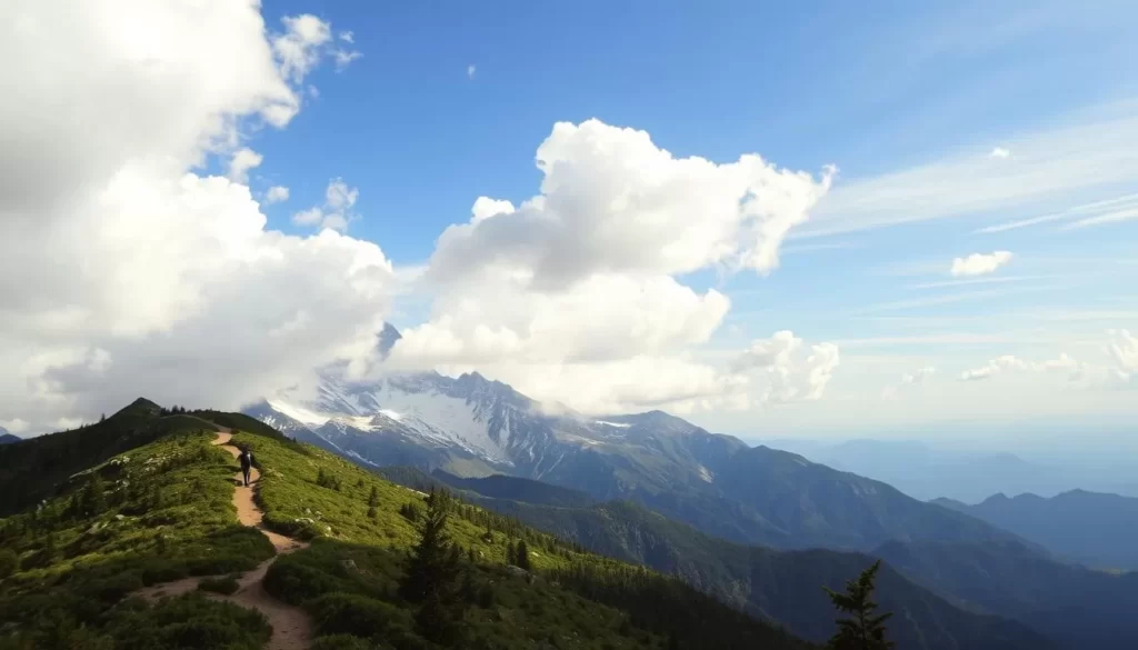 A dramatic mountainous landscape under a partly cloudy sky, with sunlight filtering through the clouds and casting warm, golden hues across the rugged terrain. In the foreground, a winding trail leads through the lush, verdant foliage, inviting hikers to explore the serene wilderness. In the middle ground, majestic snow-capped peaks rise proudly, their jagged edges contrasting with the fluffy cumulus clouds drifting overhead. The background is filled with a distant, hazy blue horizon, hinting at the vast expanse of the Rocky Mountains. The overall scene conveys a sense of tranquility, beauty, and the awe-inspiring power of nature. Prompt